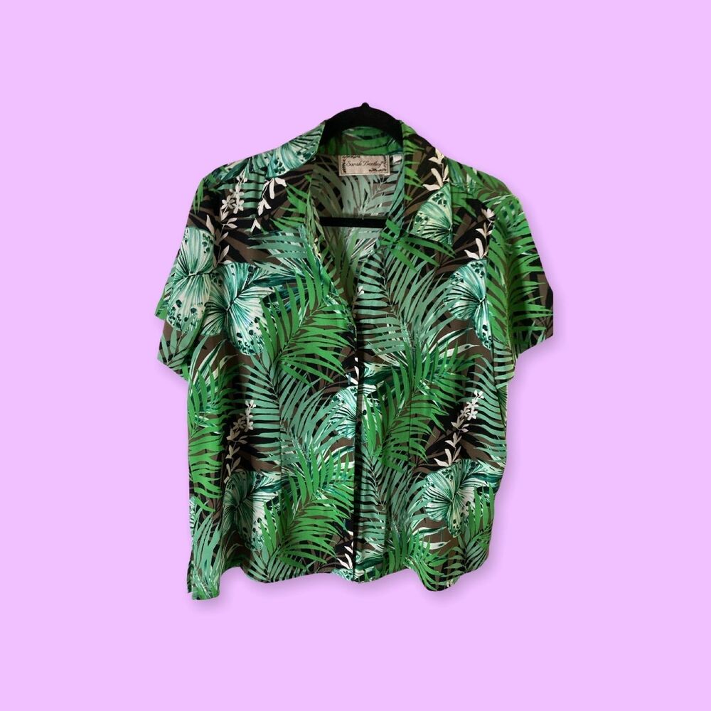 Sarah Bentl;y Hawaiian Print Blouse Green/Black SZ. large